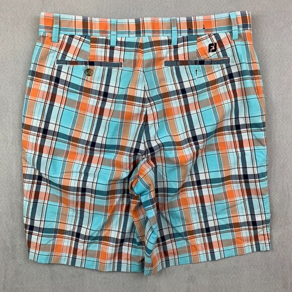 FootJoy Mens Shorts 34 Blue Orange Plaid Chino Golf 10" Inseam Nylon Polyester - Picture 9 of 10